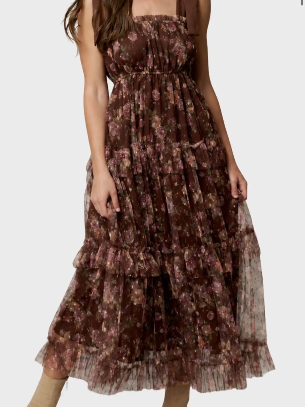 Blu Pepper Chiffon Midi Dress with Brown Pink Floral Print